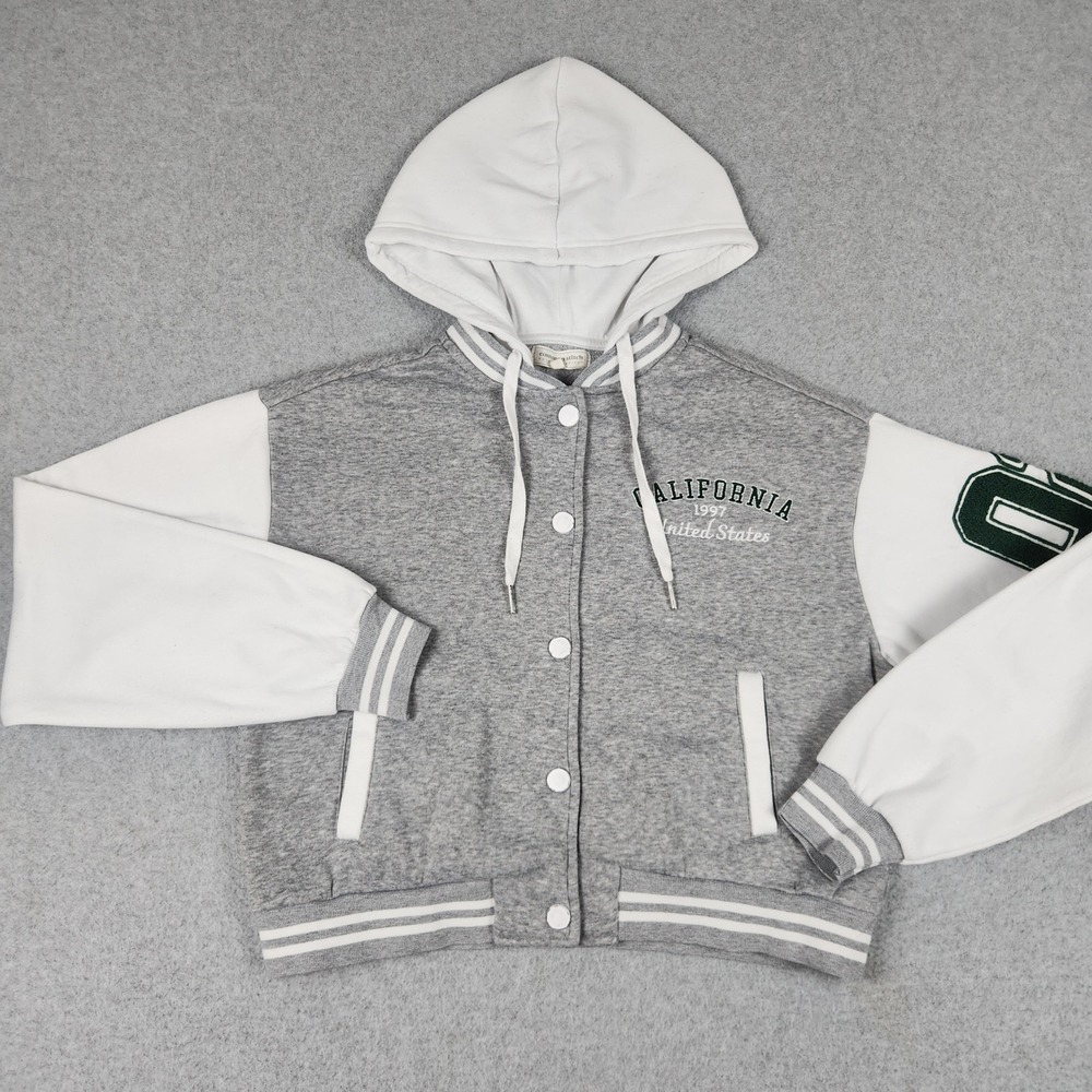 Common Stitch California US Varsity Hooded Jacket Womens Small Gray Snap Front